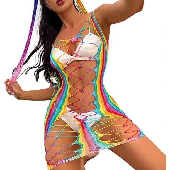 🌈 Rainbow Fishnet Stockings Mesh Lingerie Bodysuit Party Rave Boho Cosplay NWT - Picture 4 of 5
